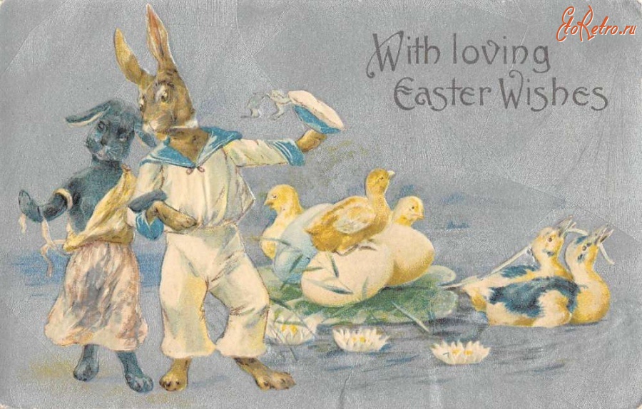 Ретро открытки - Счастливой Пасхи. Два кролика и спасение цыплят на озере