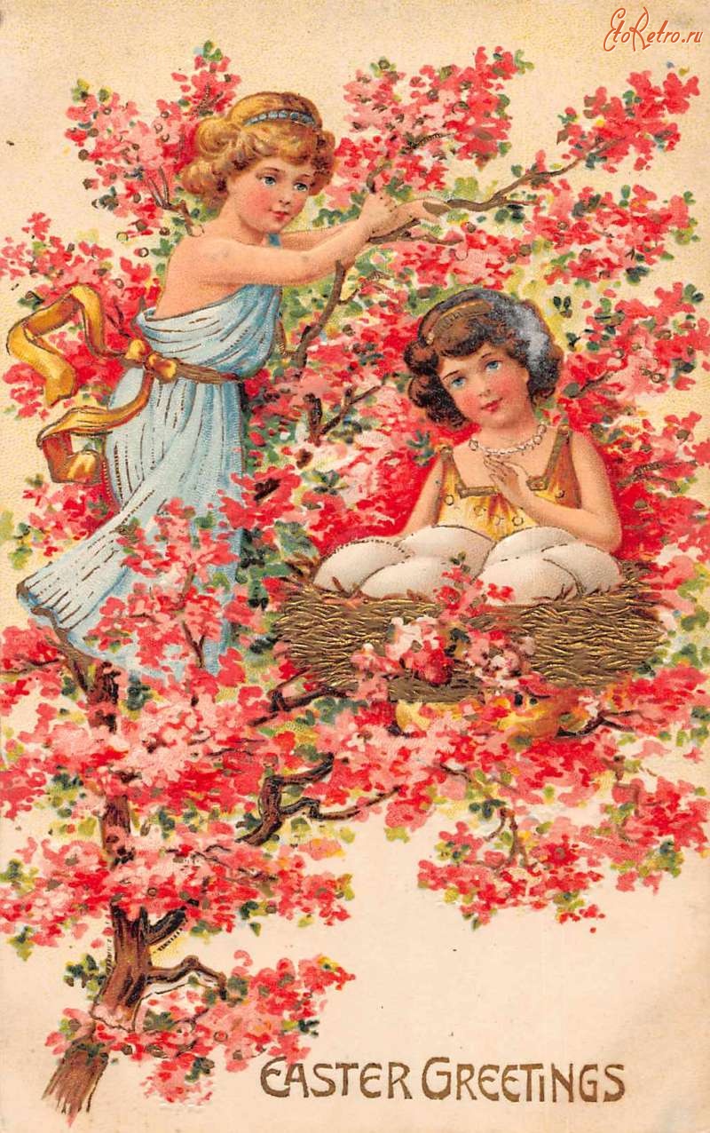 Ретро открытки - Счастливой Пасхи. Дети, цветущее дерево и птичье гнездо