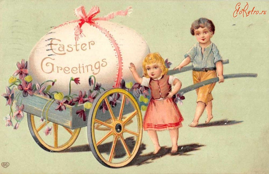 Ретро открытки - Счастливой Пасхи. Дети, пасхальное яйцо и весенние цветы