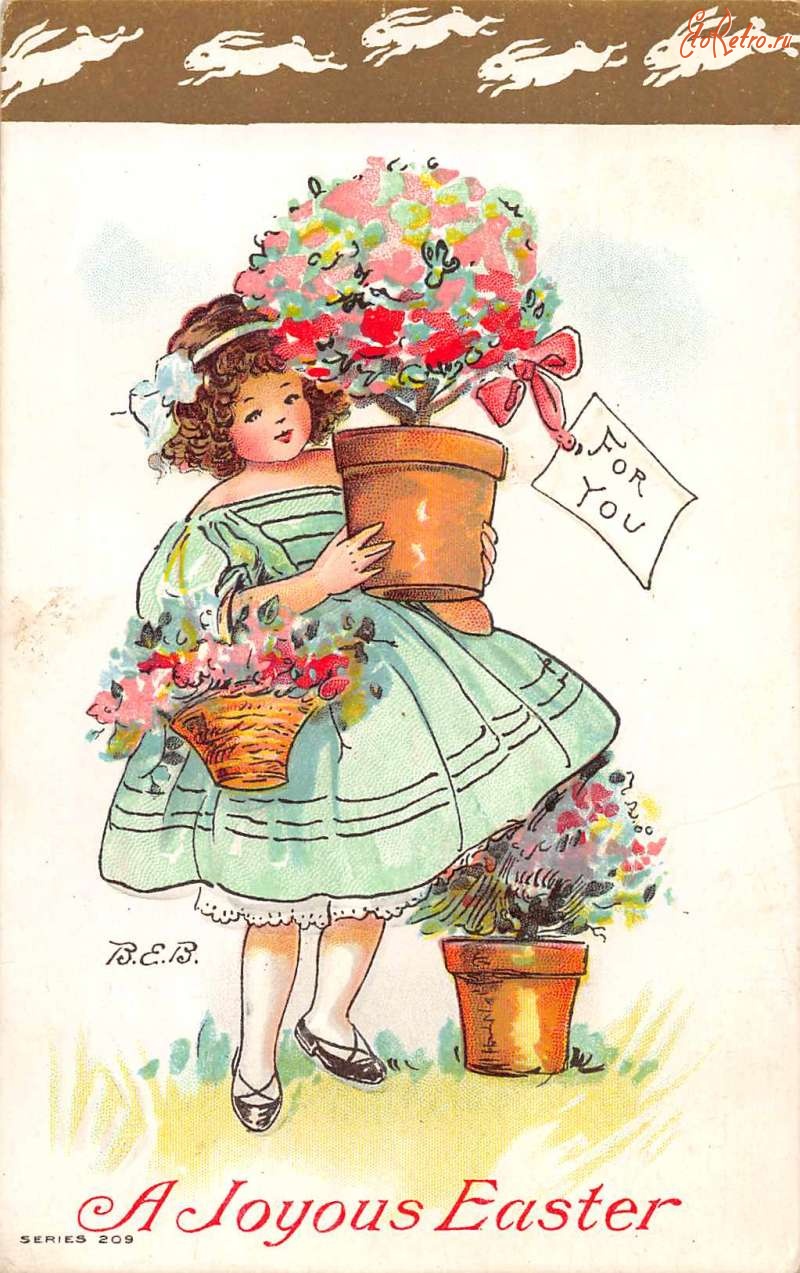 Ретро открытки - Счастливой Пасхи. Девочка и цветы в горшках