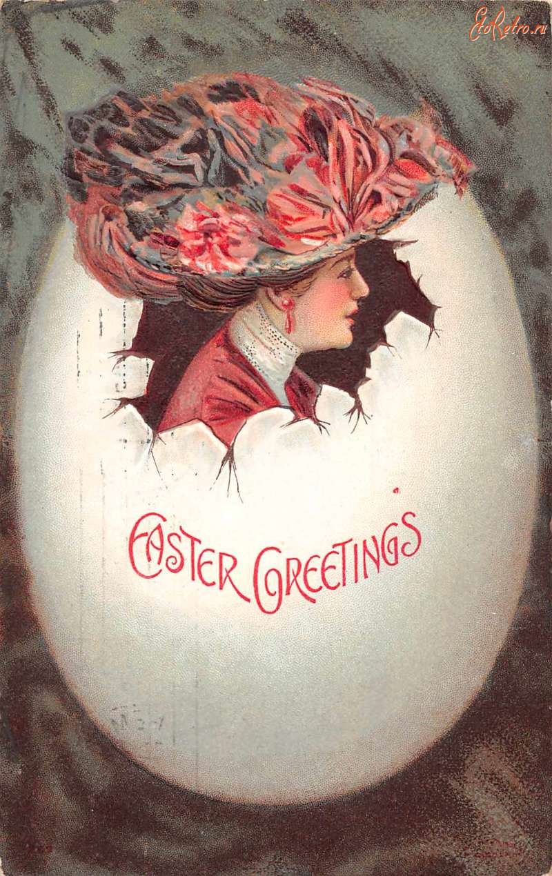 Ретро открытки - Счастливой Пасхи. Женщина в розовой шляпе с цветами