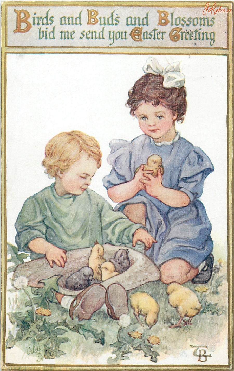 Ретро открытки - Дети, жёлтые одуванчики и цыплята в шляпе