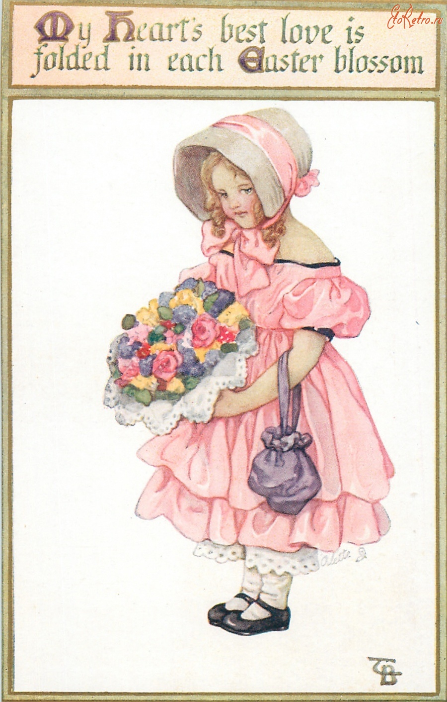 Ретро открытки - Девочка в розовом платье и букет цветов