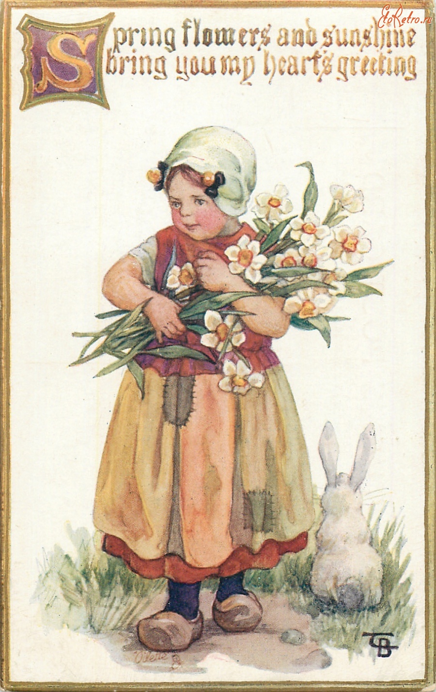 Ретро открытки - Голландская девочка, букет белых нарциссов и кролик