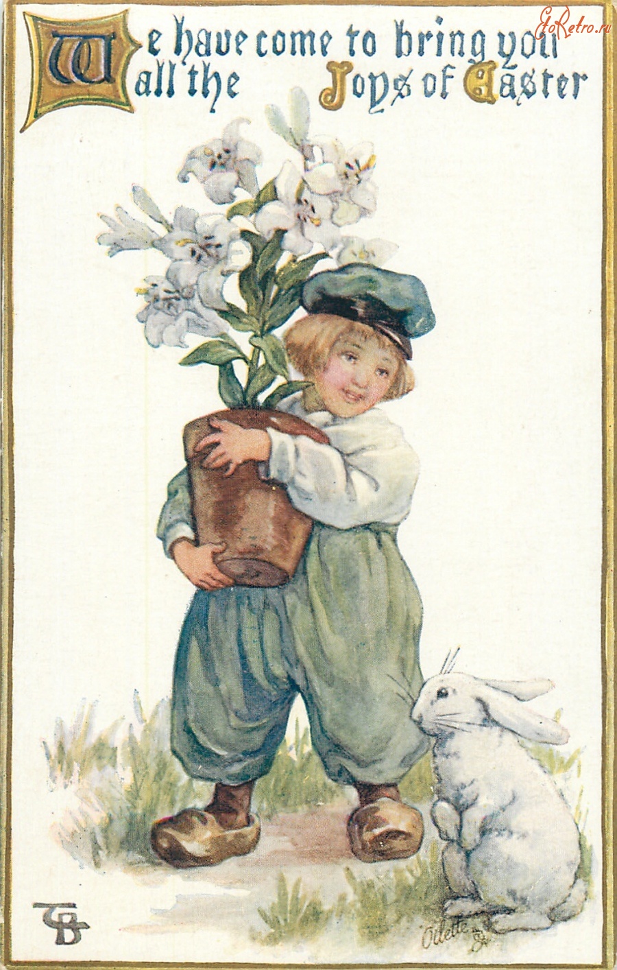 Ретро открытки - Голландский мальчик, белые лилии и кролик