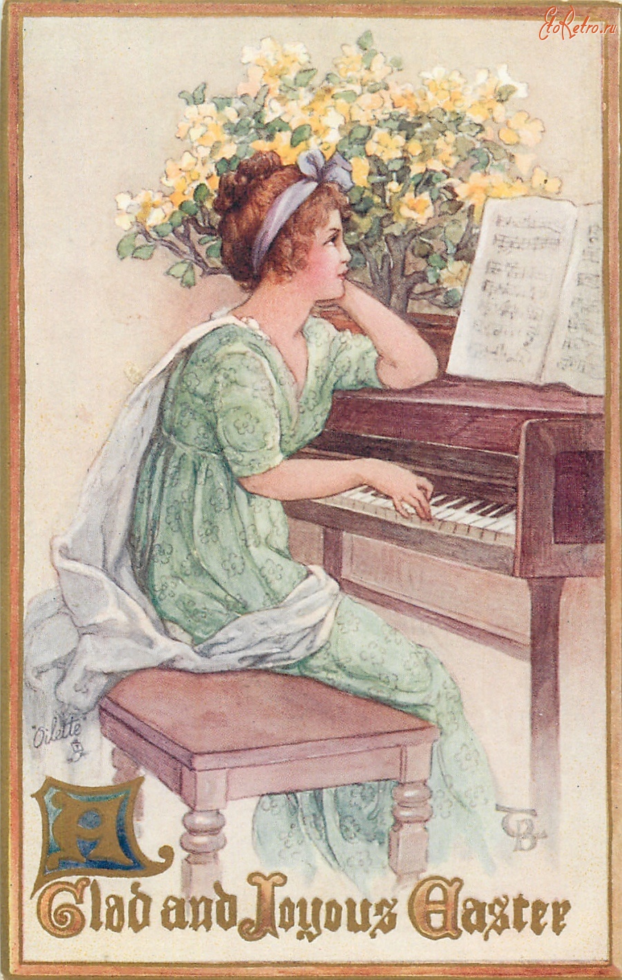 Ретро открытки - Девушка в зелёном платье, жёлтые цветы и пианино
