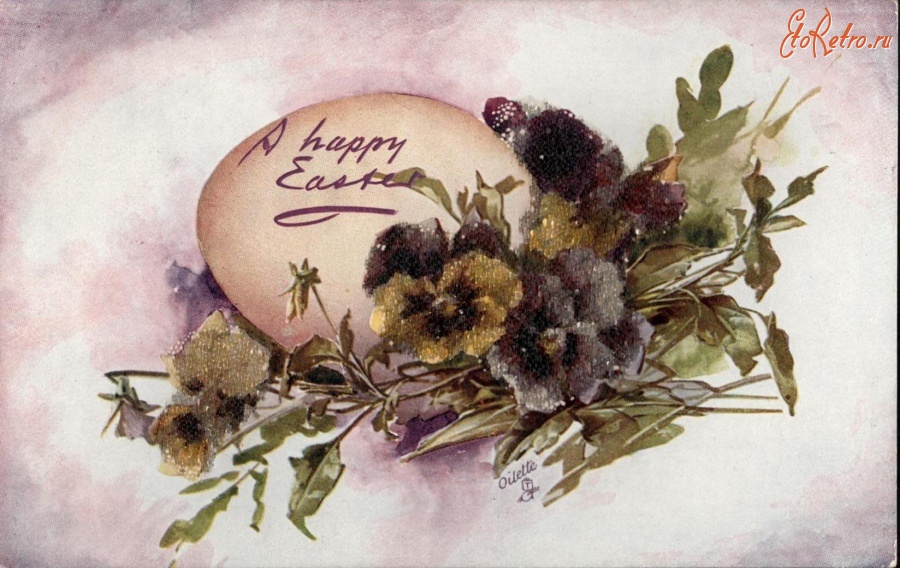Ретро открытки - Пасхальное яйцо, анютины глазки и вышивка бисером