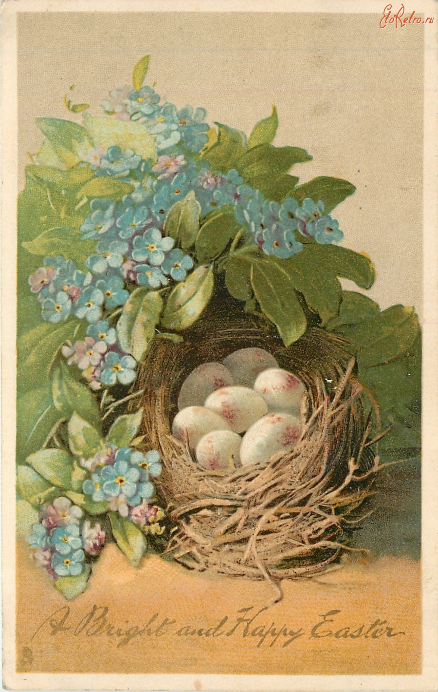 Ретро открытки - Счастливой Пасхи. Птичье гнездо и незабудки