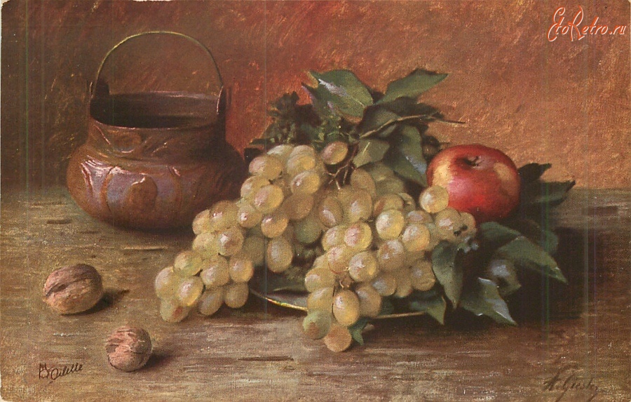 Ретро открытки - А. Гизлер. Виноград, яблоки, орехи и медная ваза