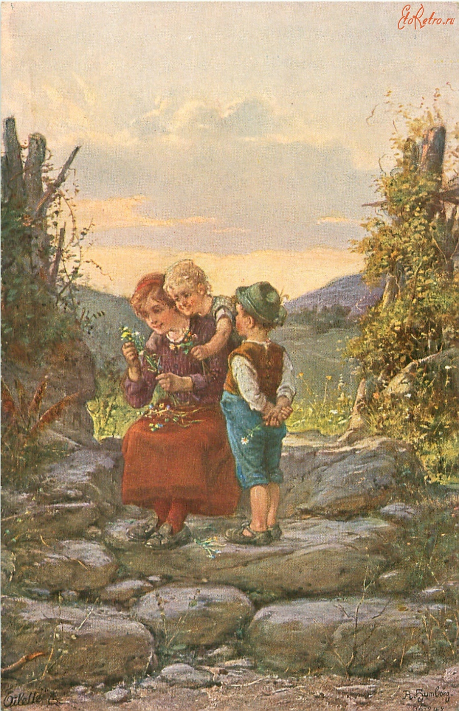 Ретро открытки - Женщина и дети на фоне горного пейзажа