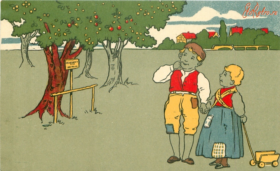 Ретро открытки - Руками не трогать ! Дети обдумывают предупреждение под яблоней в саду