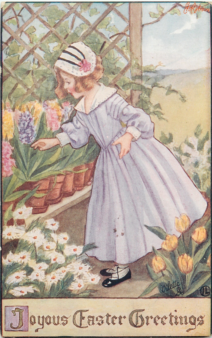 Ретро открытки - Девочка и весенние цветы в горшках