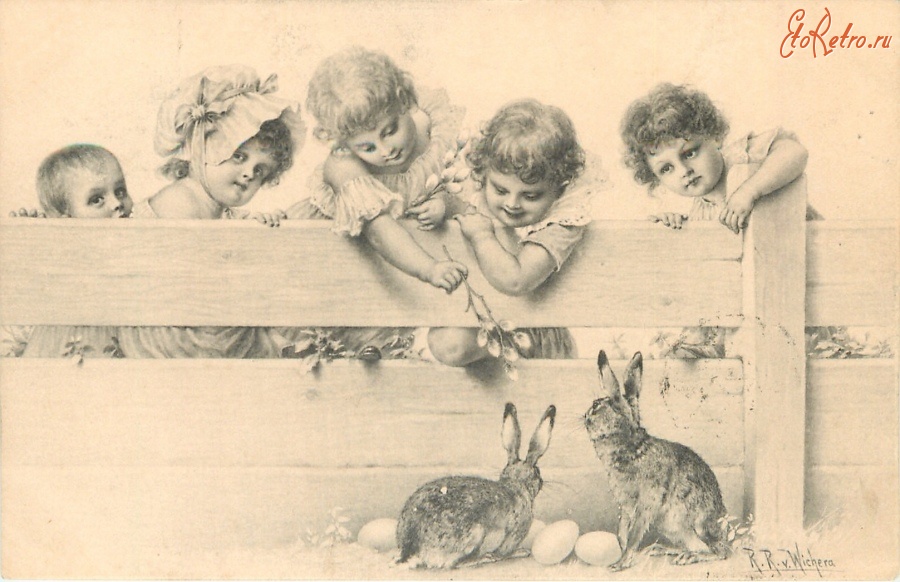 Ретро открытки - Дети у изгороди и два кролика