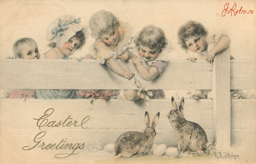Ретро открытки - Дети у изгороди и два кролика