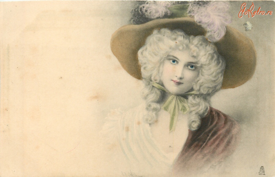 Ретро открытки - Как Мария Антуанетта. Девушка в жёлтой шляпе с перьями