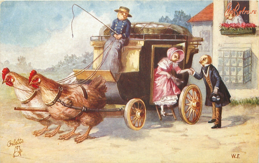 Ретро открытки - Карета с пасхальными подарками и дама с кавалером