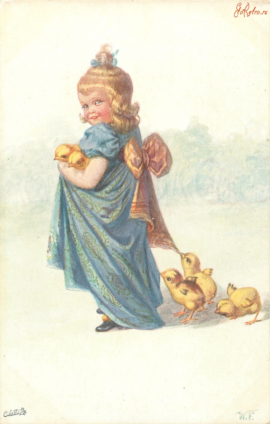Ретро открытки - Девочка в голубом платье и цыплята