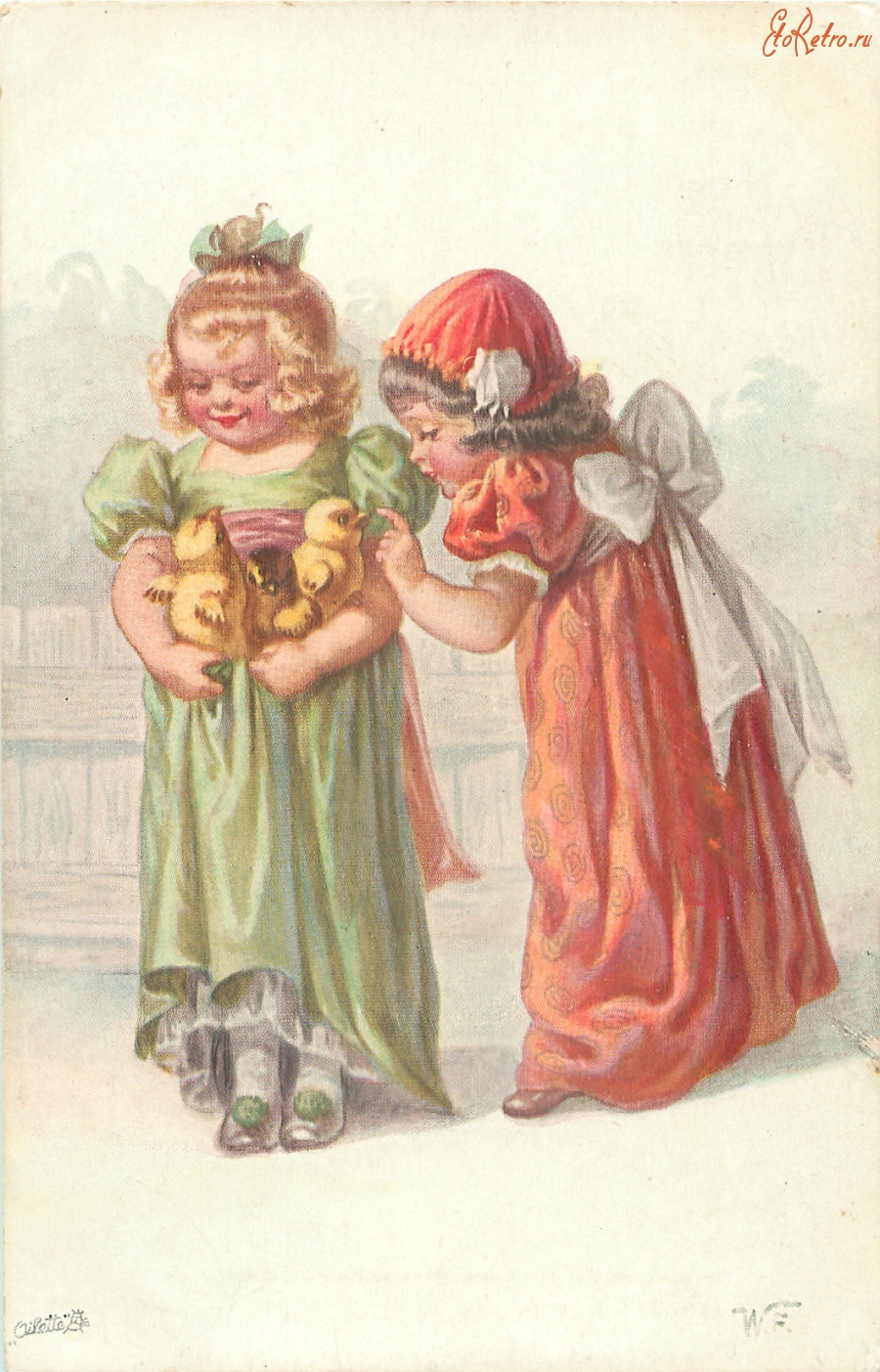 Ретро открытки - Две девочки в ярких платьях и цыплята