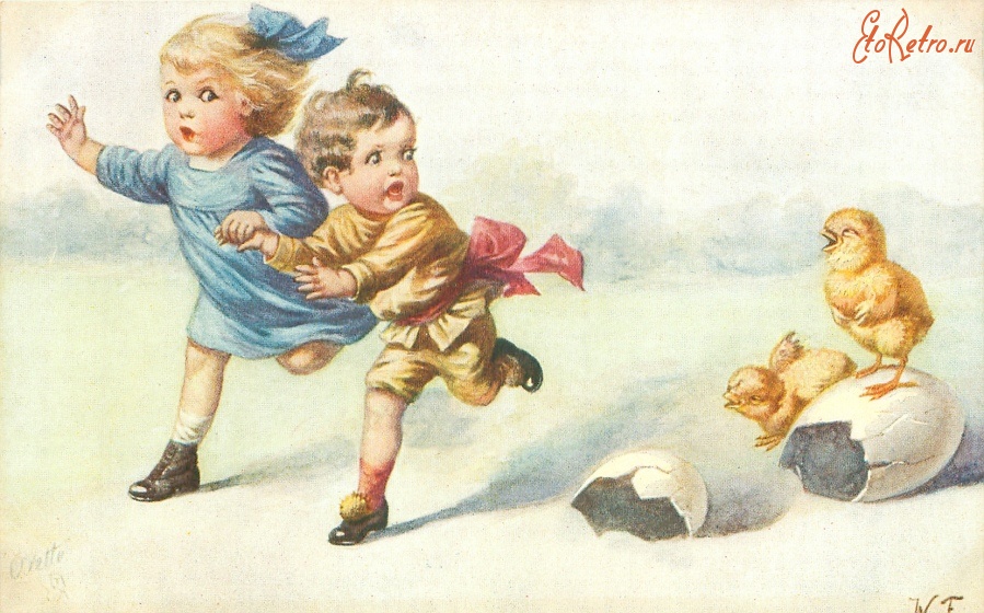 Ретро открытки - Испуганные дети и цыплята