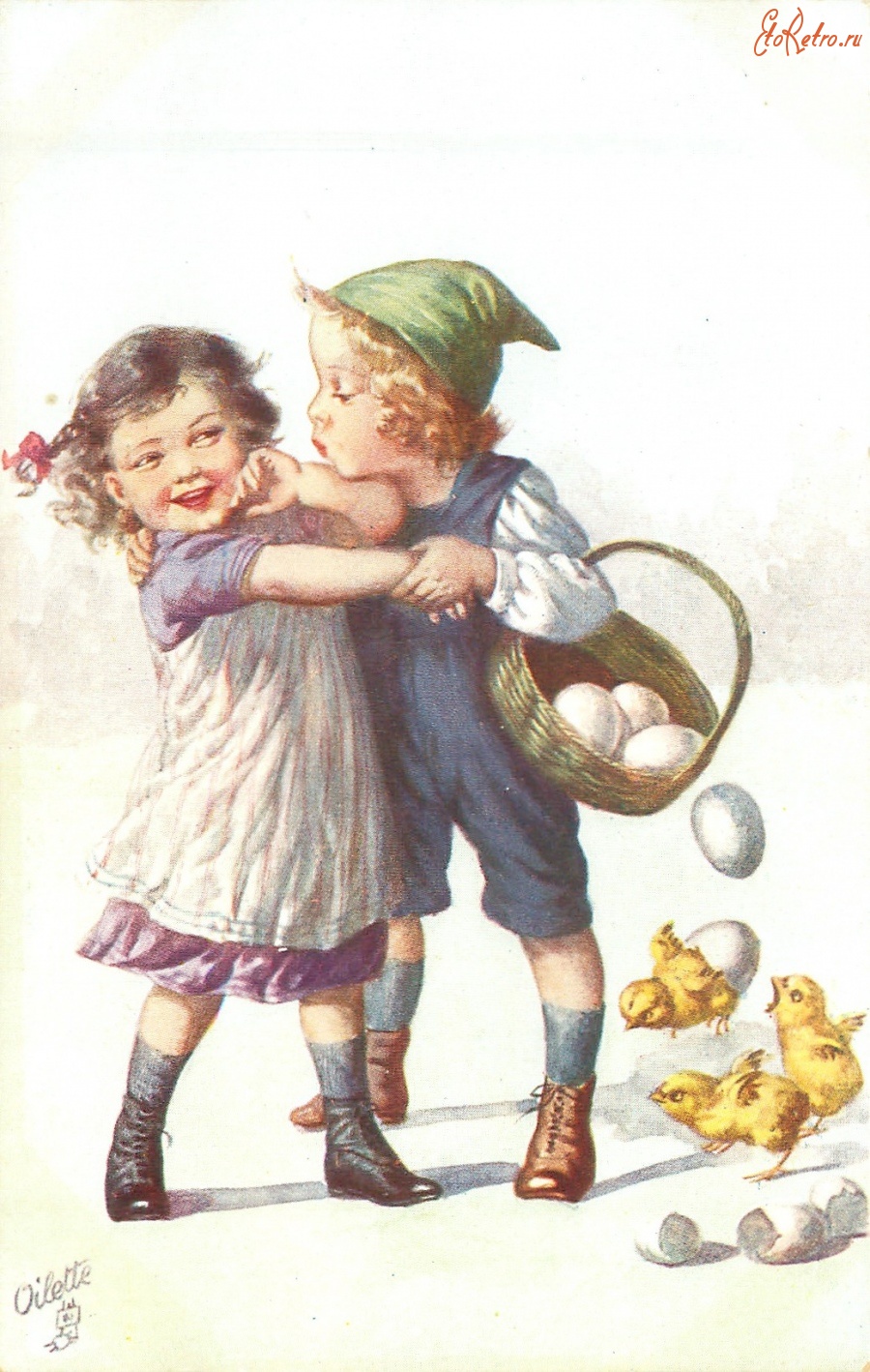 Ретро открытки - Мальчик, девочка, пасхальная корзина и цыплята