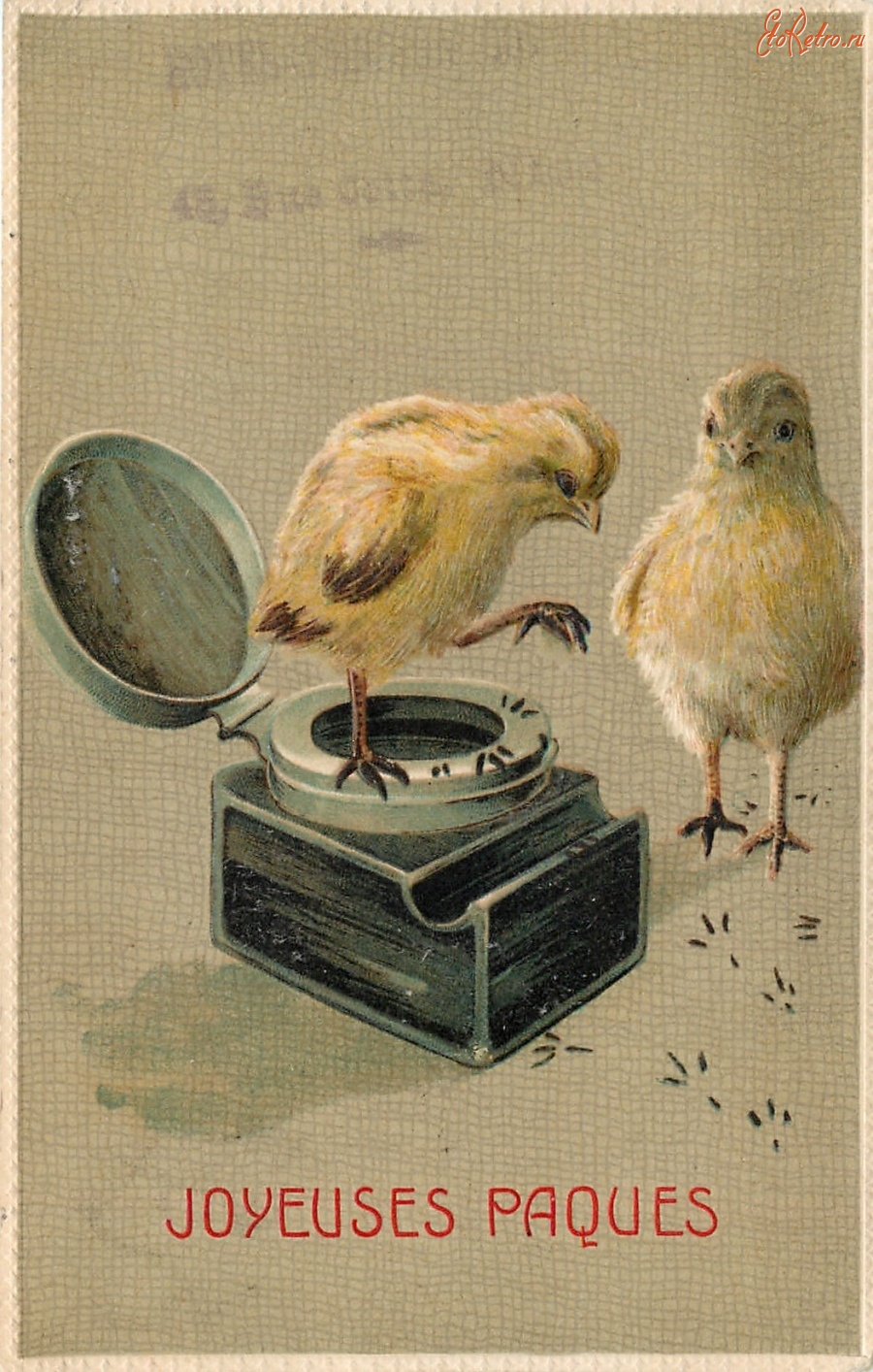 Ретро открытки - Юные художники. Два цыплёнка и чернильница