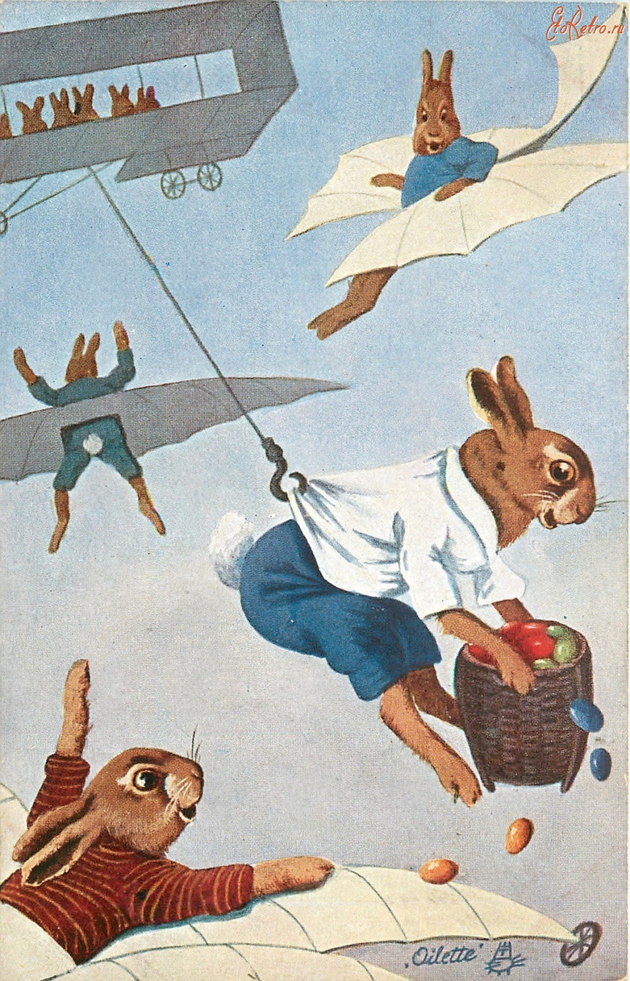 Ретро открытки - Пасхальные кролики и фантастический полёт