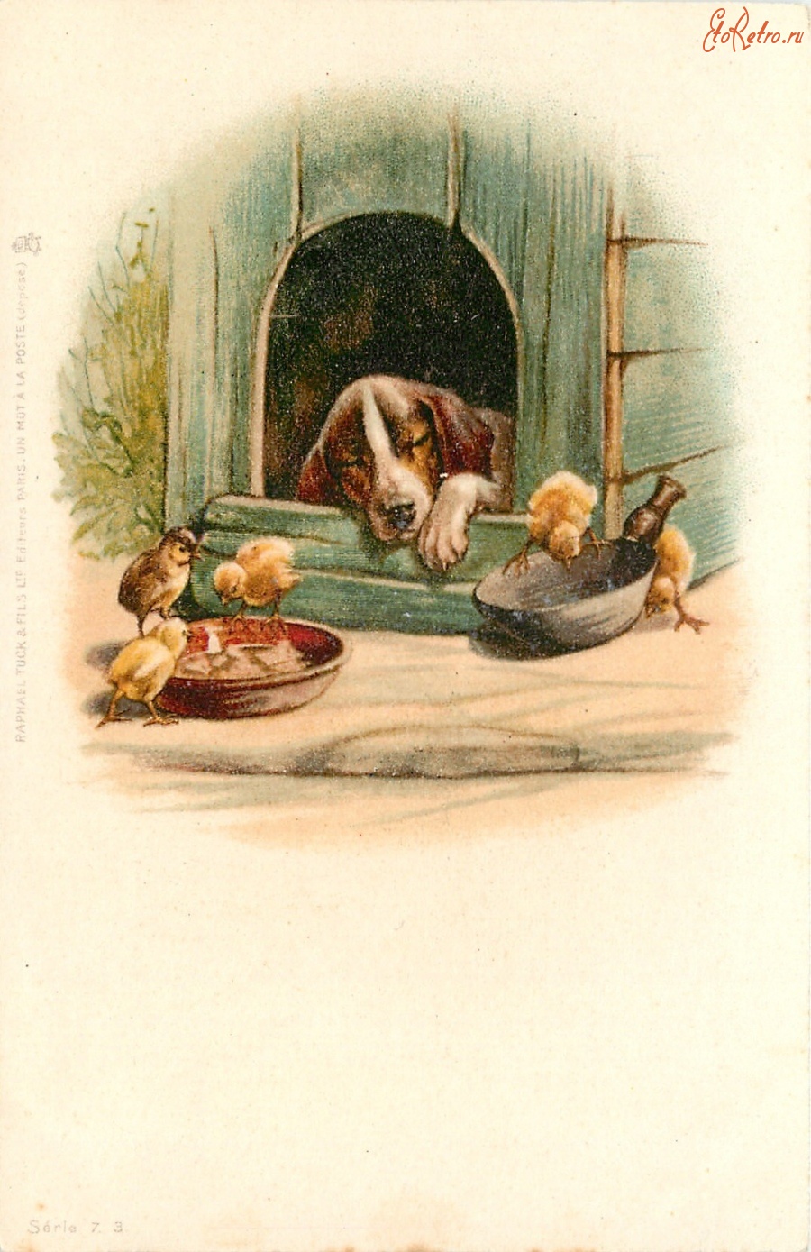 Ретро открытки - Крепкий сон. Собака в будке и цыплята в миске