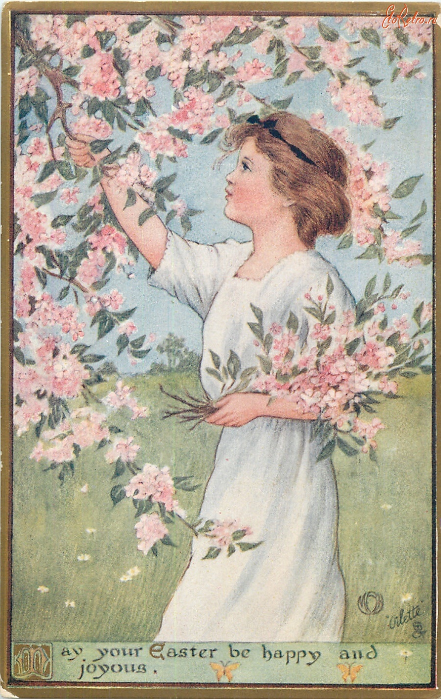 Ретро открытки - Девушка в белом платье и цветущее дерево
