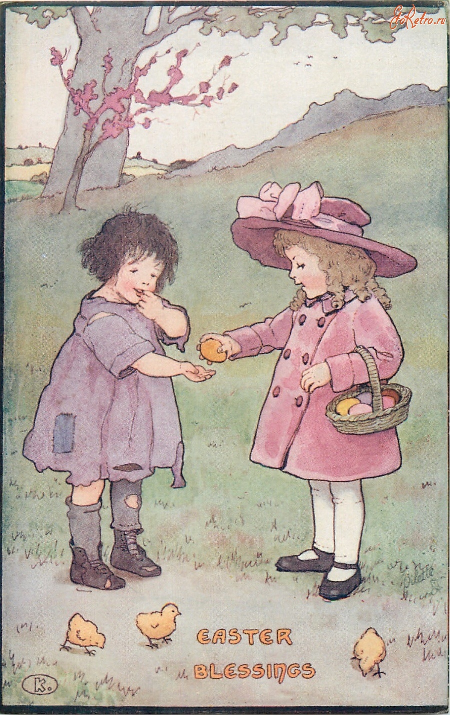 Ретро открытки - Две девочки, пасхальная корзина и цыплята