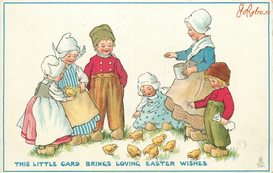 Дети кормят цыплят. Пасхальные открытки ретро. Пасхальные открытки ретро с детьми. Дети и Пасха иллюстрация ретро.