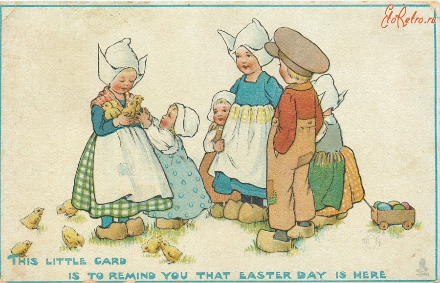 Ретро открытки - Дети, цыплята и пасхальные яйца в коляске