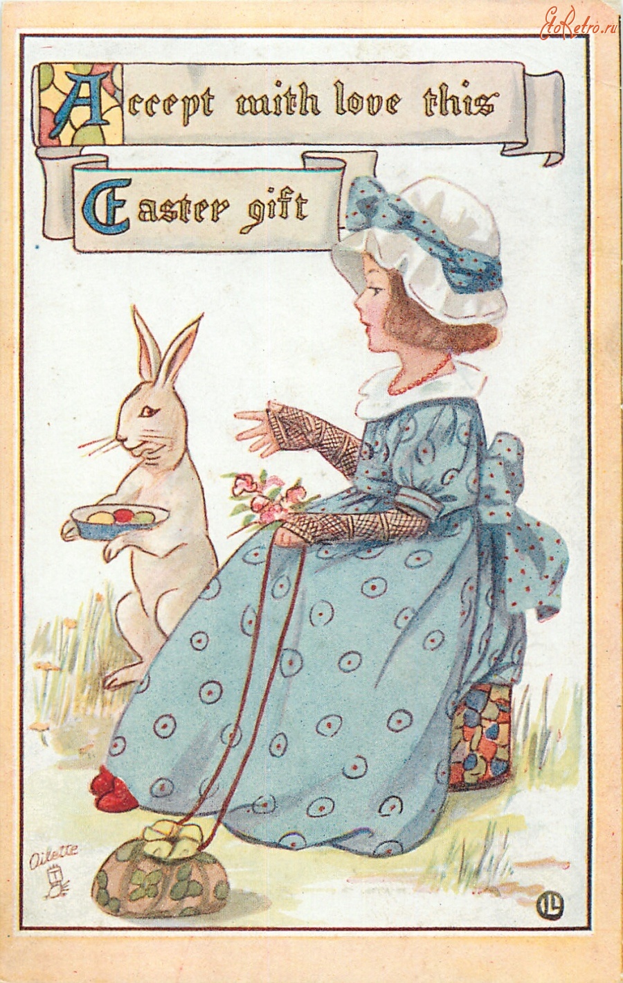 Ретро открытки - Девочка в голубом платье и кролик с пасхальной корзиной
