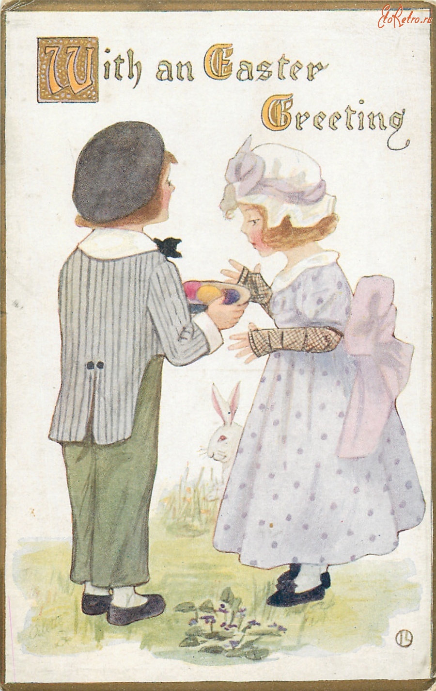 Ретро открытки - Старомодная пасха. Дети, кролик и пасхальная корзина