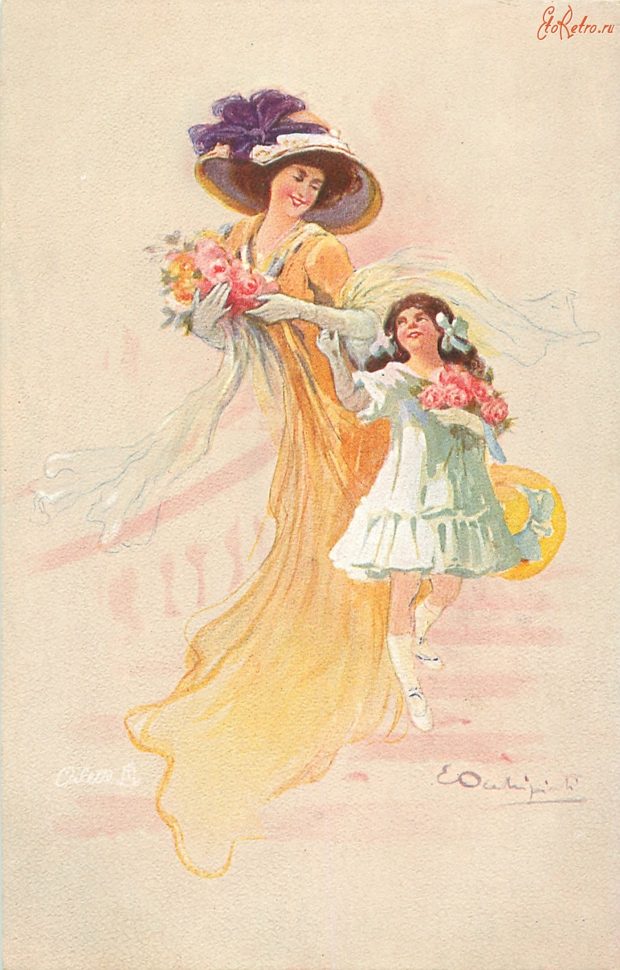 Ретро открытки - Женщина и девочка в летних платьях с букетами цветов