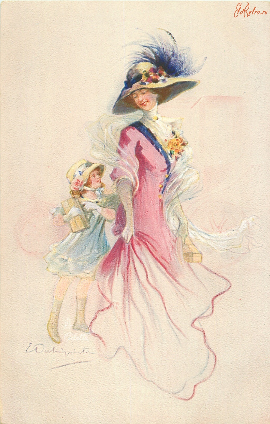 Ретро открытки - С покупками. Женщина в розовом платье и шляпе с голубыми перьями