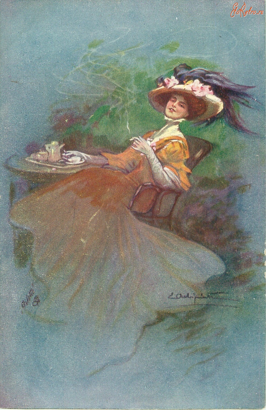 Ретро открытки - Леди в воздушном платье и шляпе с цветами и перьями