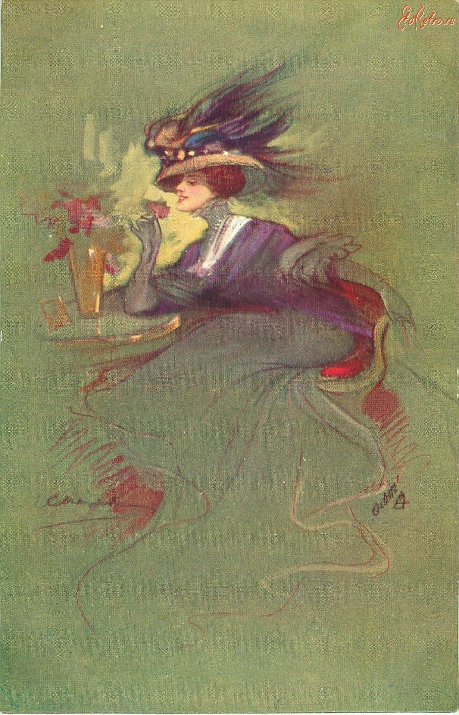 Ретро открытки - Леди в шляпе с цветами и перьями за столиком