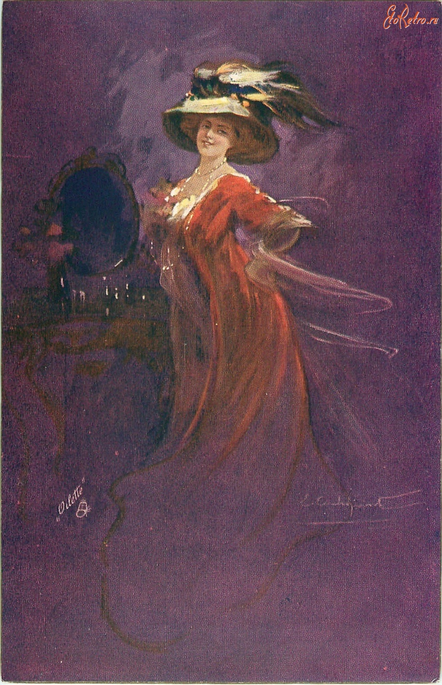 Ретро открытки - Леди в красном платье и шляпе перед зеркалом