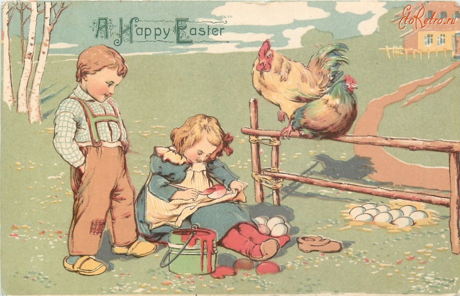 Картина дети кормят курицу. Пасхальные открытки ретро. Винтажные открытки с Пасхой. Открытка на Пасху для детей. Easter открытки дети.