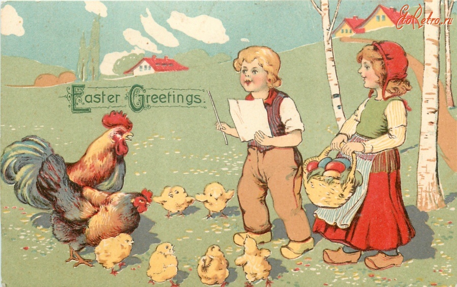 Картина дети кормят курицу и цыплят. Рассматривание картины дети кормят курицу и цыплят. Иллюстрация девочка и куры. Пасхальные открытки ретро. Мальчик с курицей.