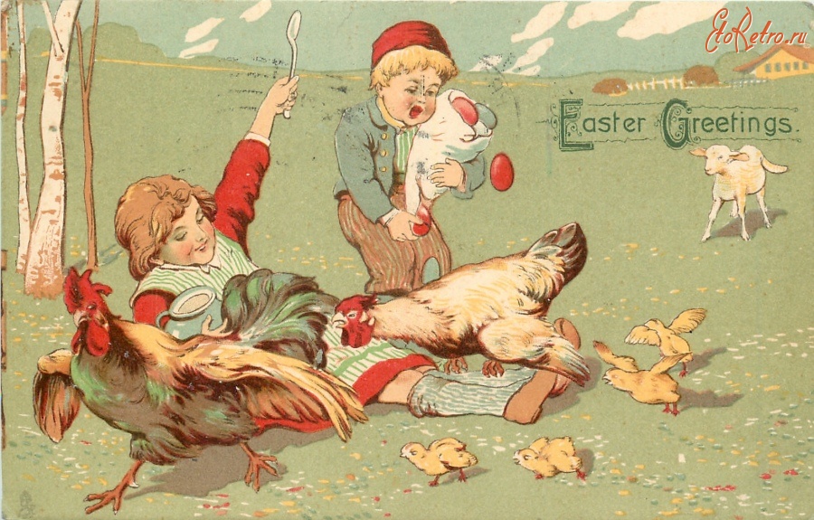 Ретро открытки - Весёлые музыканты. Дети с кувшином и куры с цыплятами