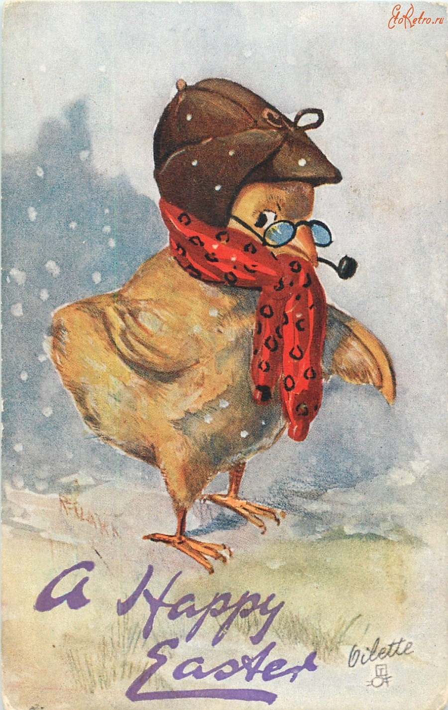 Ретро открытки - Апрельская погода. Пасхальный цыплёнок с трубкой