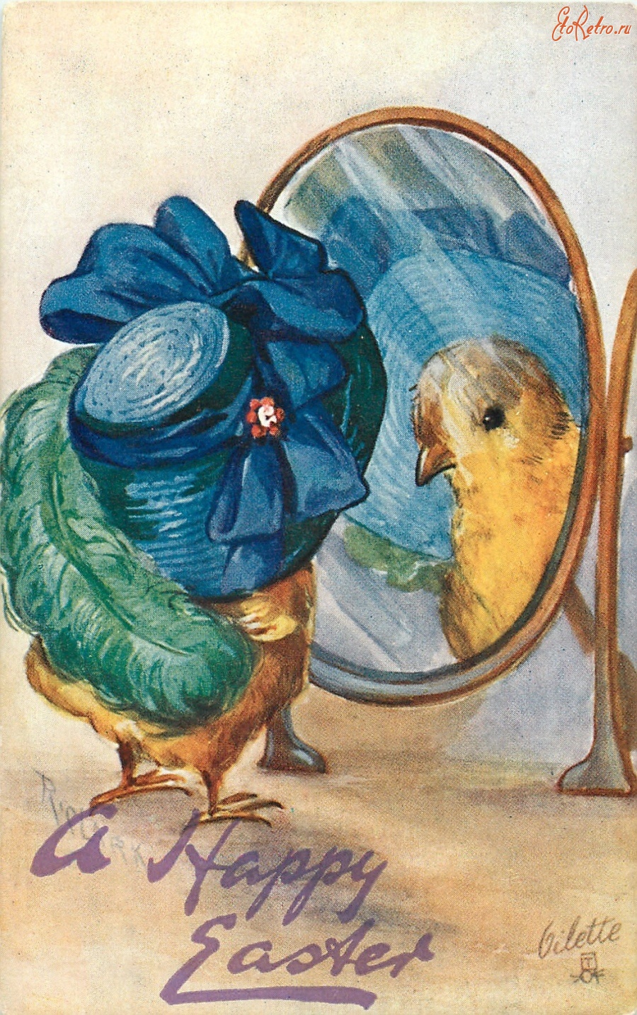 Ретро открытки - Модница в голубой шляпе перед зеркалом