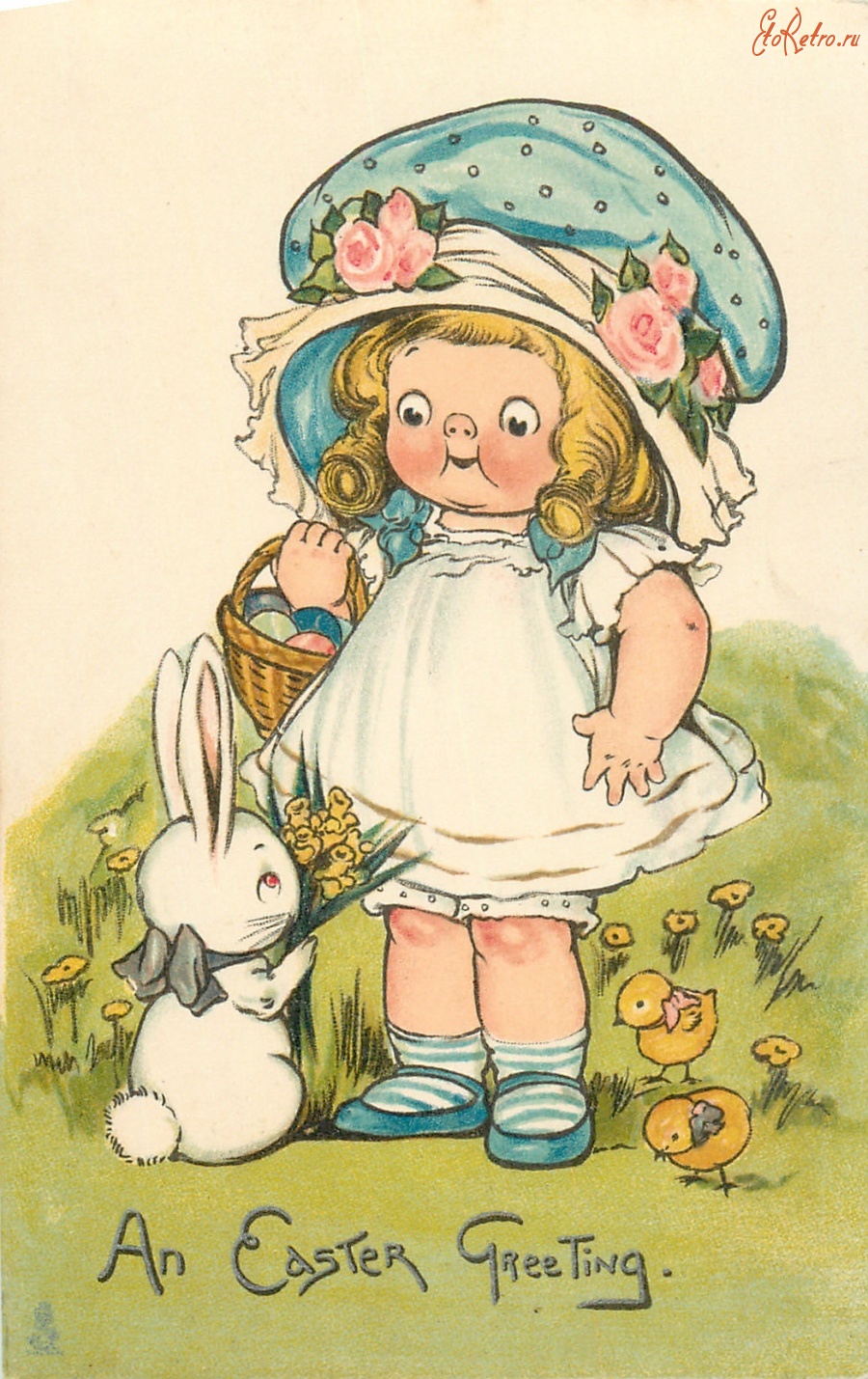 Ретро открытки - Пасхальные поздравления. Девочка с корзиной и кролик с нарциссами