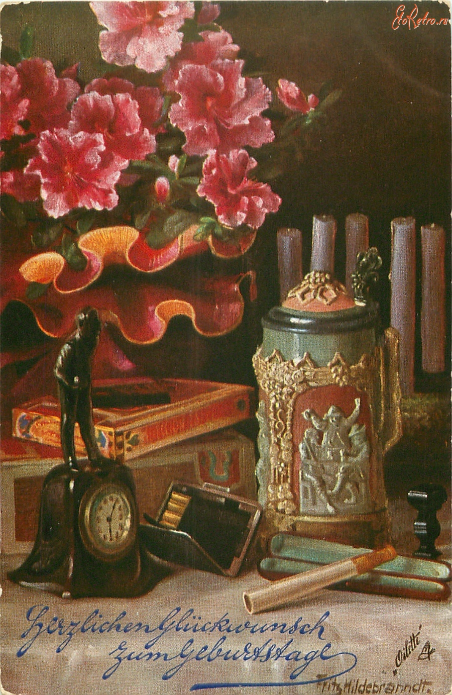Ретро открытки - Фриц Хильдебранд. Натюрморт с часами, кружкой и азалиями в вазе