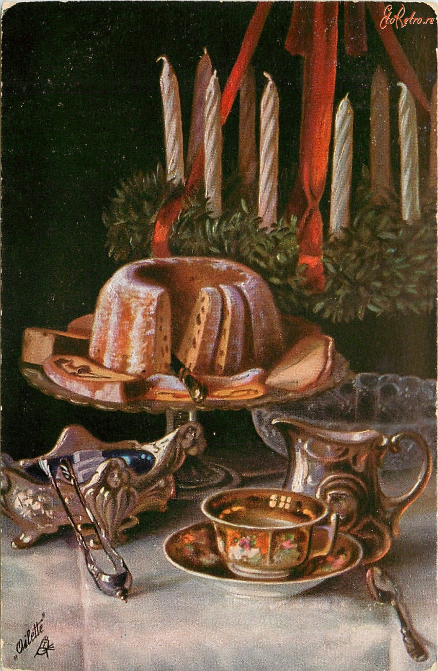 Ретро открытки - Фриц Хильдебранд. Натюрморт с кексом на блюде и накрытым чайным столом. Подставка для торта