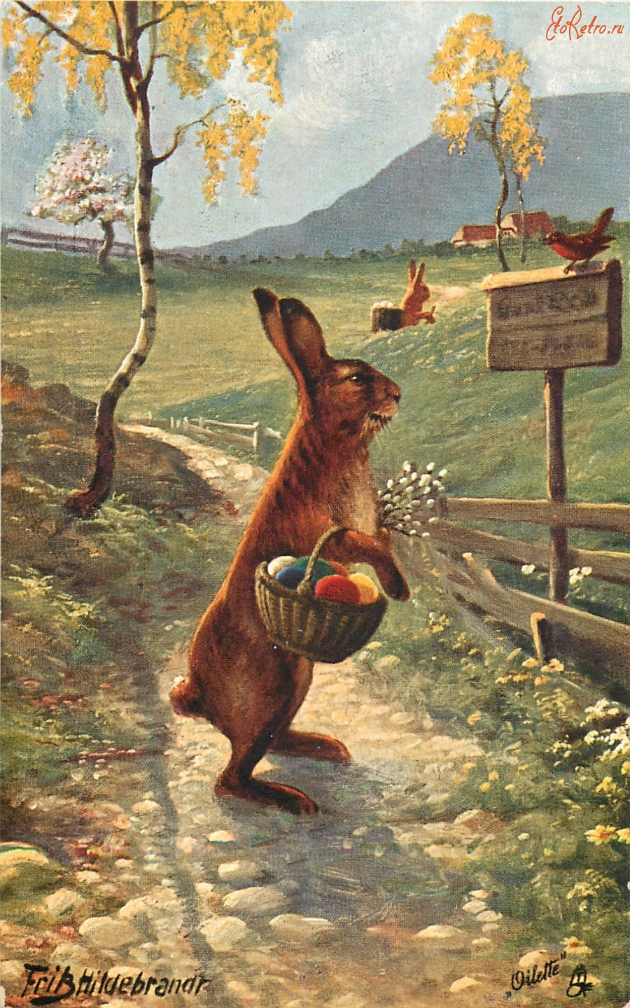 Ретро открытки - Счастливой Пасхи. Кролик и пасхальная корзина