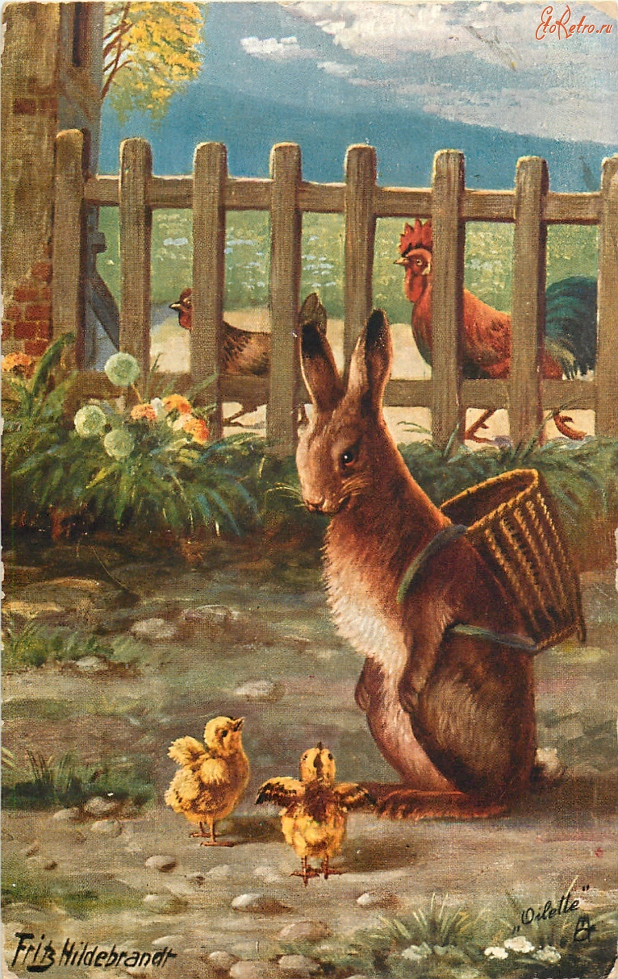 Ретро открытки - Кролик с корзиной и куры с цыплятами
