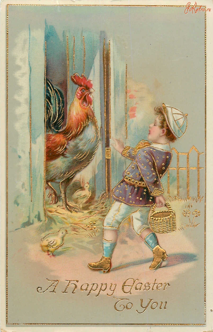 Ретро открытки - Счастливой Пасхи. Испуганный мальчик и большой петушок с цыплятами