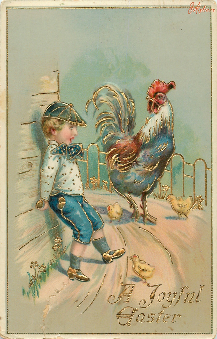 Ретро открытки - Испуганный мальчик и куры с цыплятами